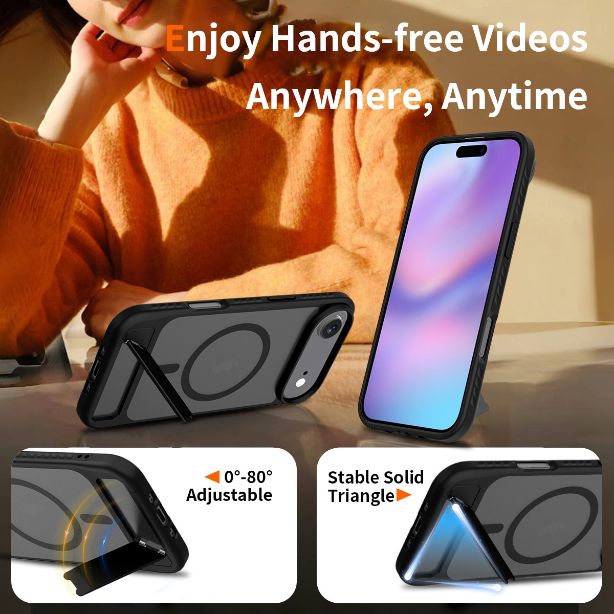 Husa de protectie pentru iPhone 17 Air, Omelivon, MagSafe, cu Suport ajustabil, Margini ridicate pentru protectia ecranului, Anti-Soc, Decupaje Precise, Incarcare Wireless, Spate Semitransparent, Negru