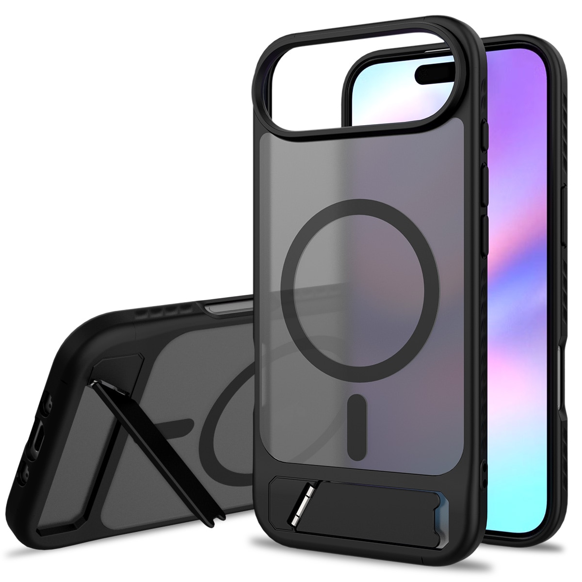 Husa de protectie pentru iPhone 17 Air, Omelivon, MagSafe, cu Suport ajustabil, Margini ridicate pentru protectia ecranului, Anti-Soc, Decupaje Precise, Incarcare Wireless, Spate Semitransparent, Negru