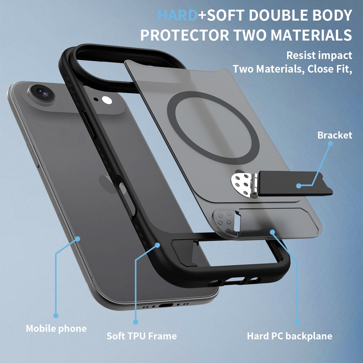Husa de protectie pentru iPhone 17 Air, Omelivon, MagSafe, cu Suport ajustabil, Margini ridicate pentru protectia ecranului, Anti-Soc, Decupaje Precise, Incarcare Wireless, Spate Semitransparent, Negru