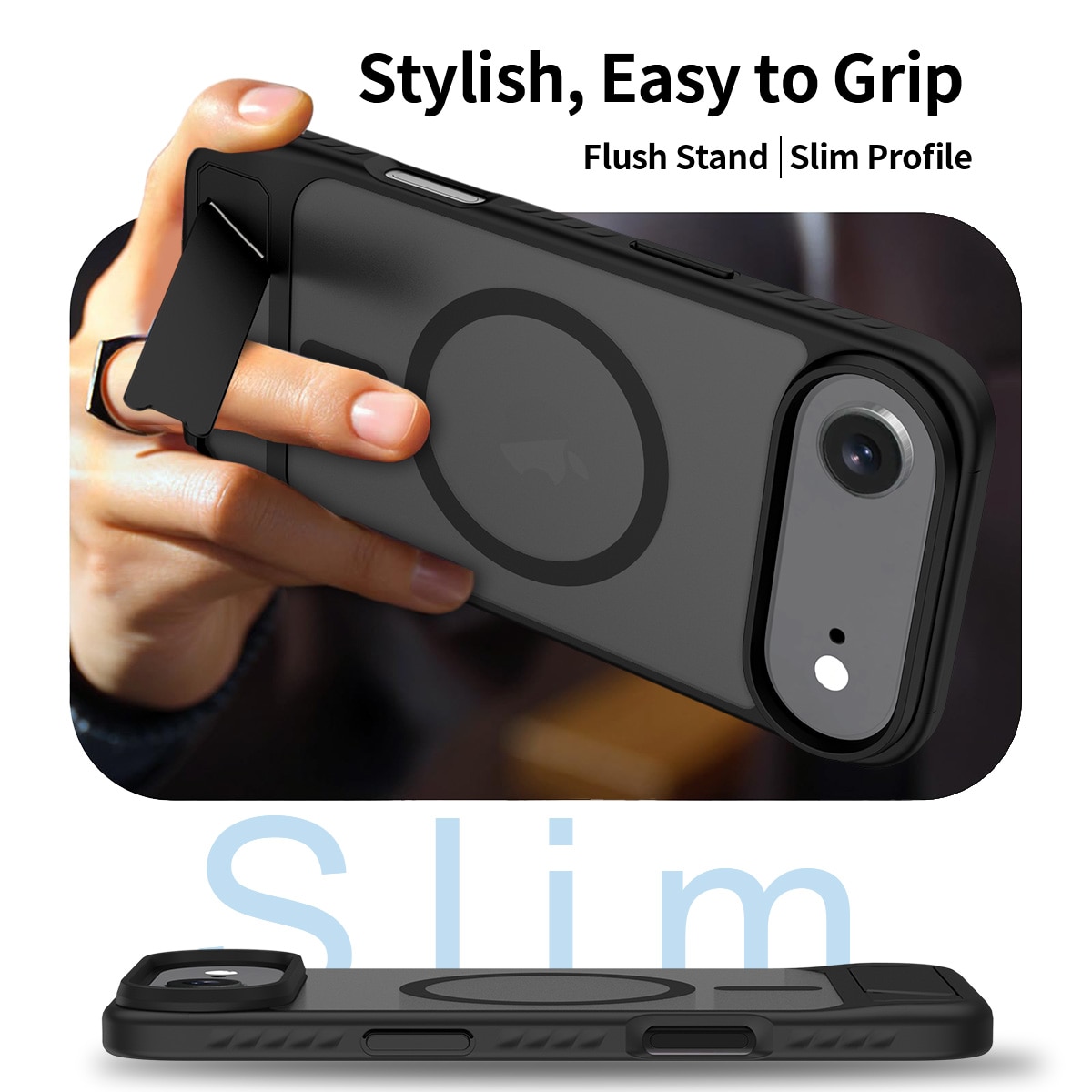 Husa de protectie pentru iPhone 17 Air, Omelivon, MagSafe, cu Suport ajustabil, Margini ridicate pentru protectia ecranului, Anti-Soc, Decupaje Precise, Incarcare Wireless, Spate Semitransparent, Negru