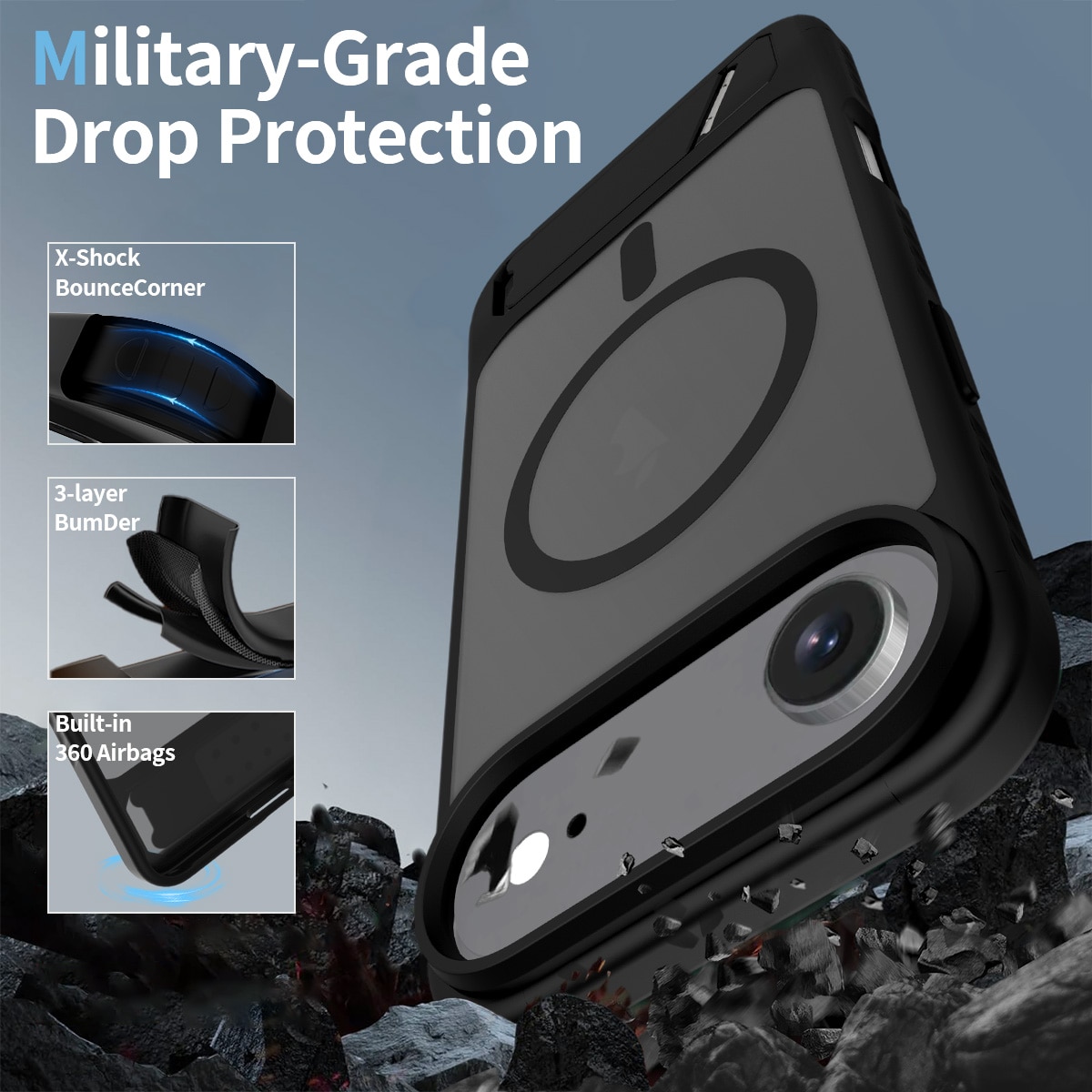Husa de protectie pentru iPhone 17 Air, Omelivon, MagSafe, cu Suport ajustabil, Margini ridicate pentru protectia ecranului, Anti-Soc, Decupaje Precise, Incarcare Wireless, Spate Semitransparent, Negru