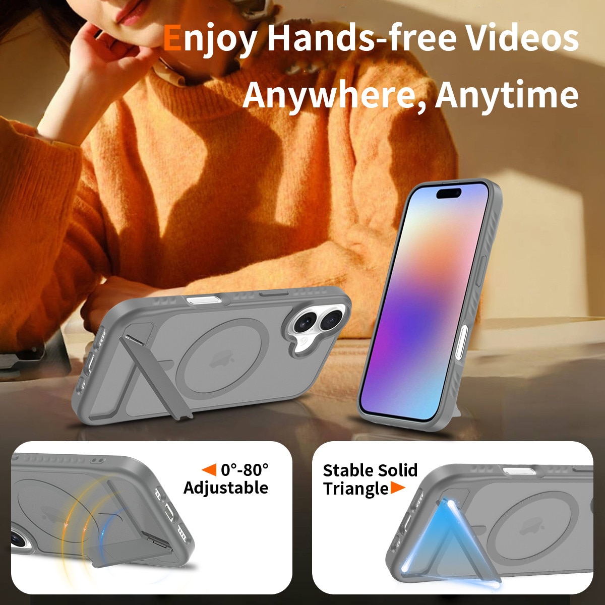 Husa de protectie pentru iPhone 17, Omelivon, MagSafe, cu Suport ajustabil, Margini ridicate pentru protectia ecranului, Anti-Soc, Decupaje Precise, Incarcare Wireless, Spate Semitransparent, Gri inchis