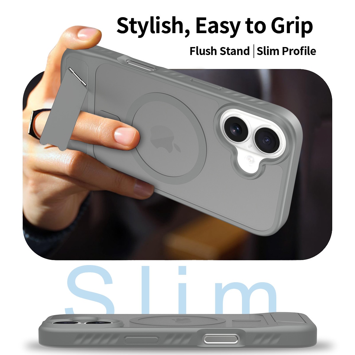 Husa de protectie pentru iPhone 17, Omelivon, MagSafe, cu Suport ajustabil, Margini ridicate pentru protectia ecranului, Anti-Soc, Decupaje Precise, Incarcare Wireless, Spate Semitransparent, Gri inchis