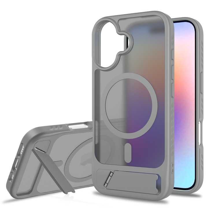 Husa de protectie pentru iPhone 17, Omelivon, MagSafe, cu Suport ajustabil, Margini ridicate pentru protectia ecranului, Anti-Soc, Decupaje Precise, Incarcare Wireless, Spate Semitransparent, Gri inchis