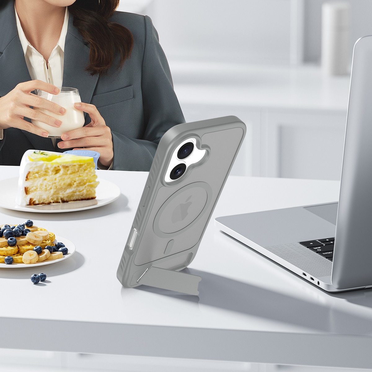 Husa de protectie pentru iPhone 17, Omelivon, MagSafe, cu Suport ajustabil, Margini ridicate pentru protectia ecranului, Anti-Soc, Decupaje Precise, Incarcare Wireless, Spate Semitransparent, Gri inchis