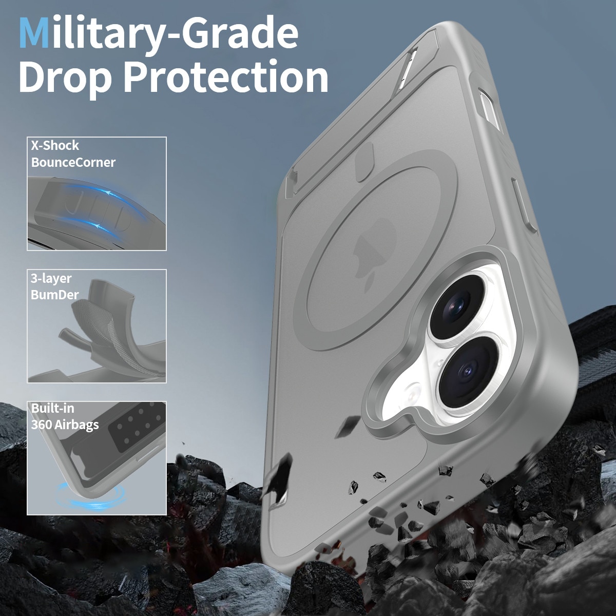 Husa de protectie pentru iPhone 17, Omelivon, MagSafe, cu Suport ajustabil, Margini ridicate pentru protectia ecranului, Anti-Soc, Decupaje Precise, Incarcare Wireless, Spate Semitransparent, Gri inchis