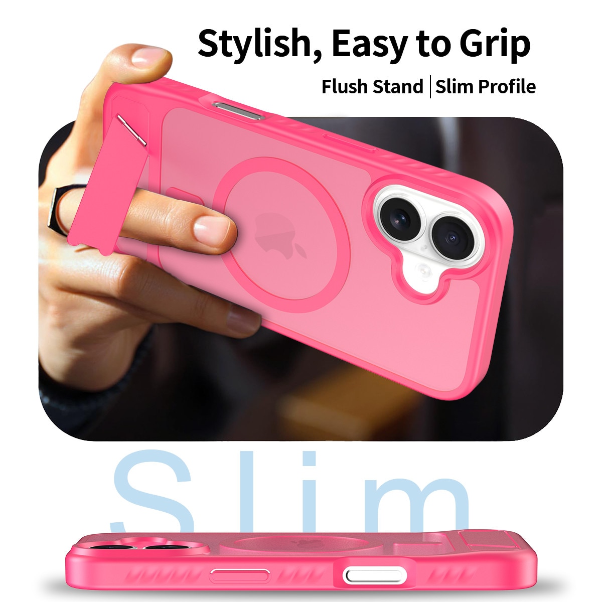 Husa de protectie pentru iPhone 17, Omelivon, MagSafe, cu Suport ajustabil, Margini ridicate pentru protectia ecranului, Anti-Soc, Decupaje Precise, Incarcare Wireless, Spate Semitransparent, Roz aprins
