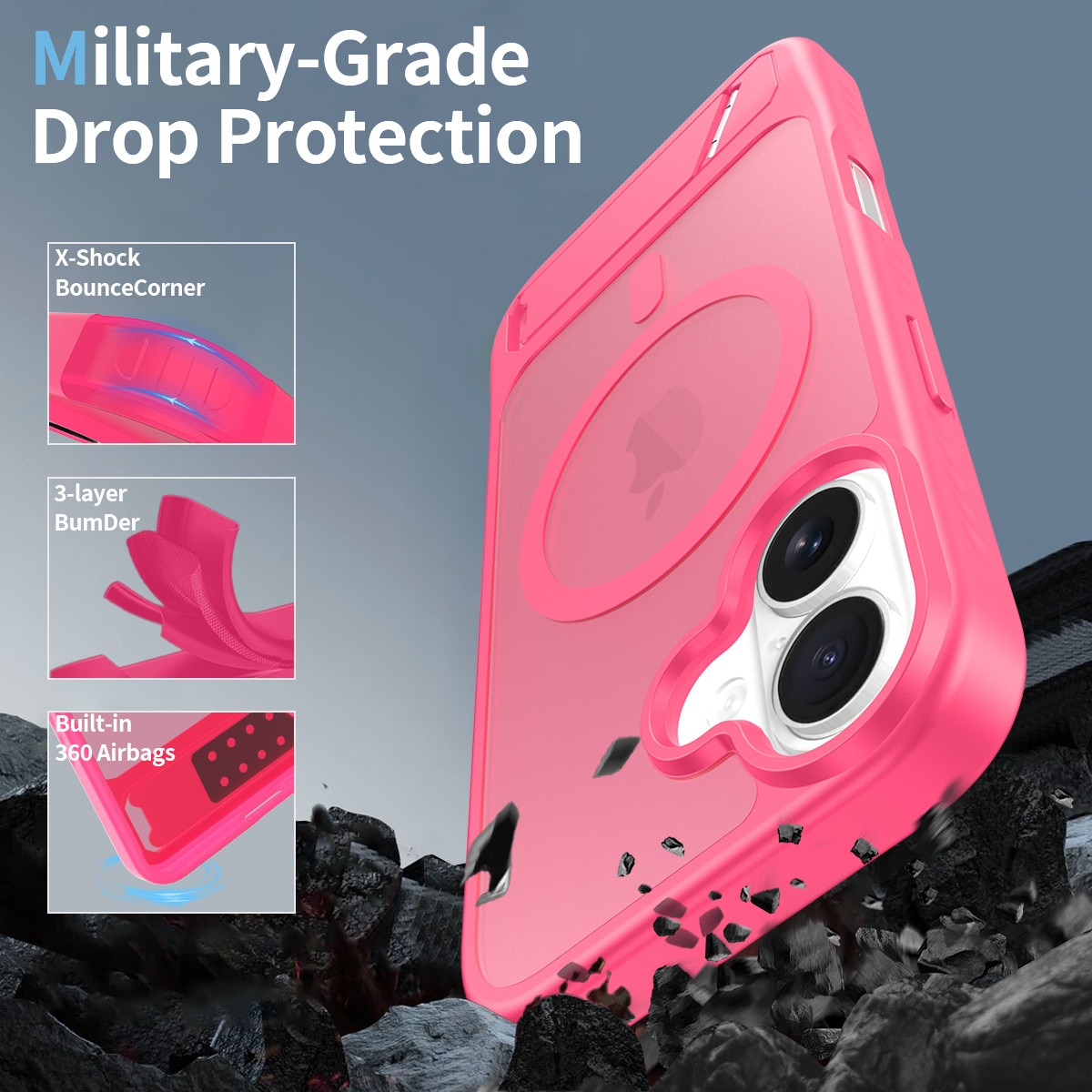Husa de protectie pentru iPhone 17, Omelivon, MagSafe, cu Suport ajustabil, Margini ridicate pentru protectia ecranului, Anti-Soc, Decupaje Precise, Incarcare Wireless, Spate Semitransparent, Roz aprins