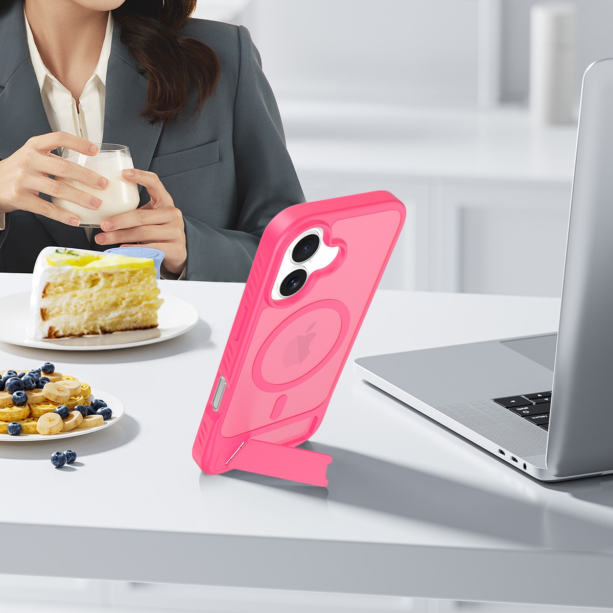 Husa de protectie pentru iPhone 17, Omelivon, MagSafe, cu Suport ajustabil, Margini ridicate pentru protectia ecranului, Anti-Soc, Decupaje Precise, Incarcare Wireless, Spate Semitransparent, Roz aprins