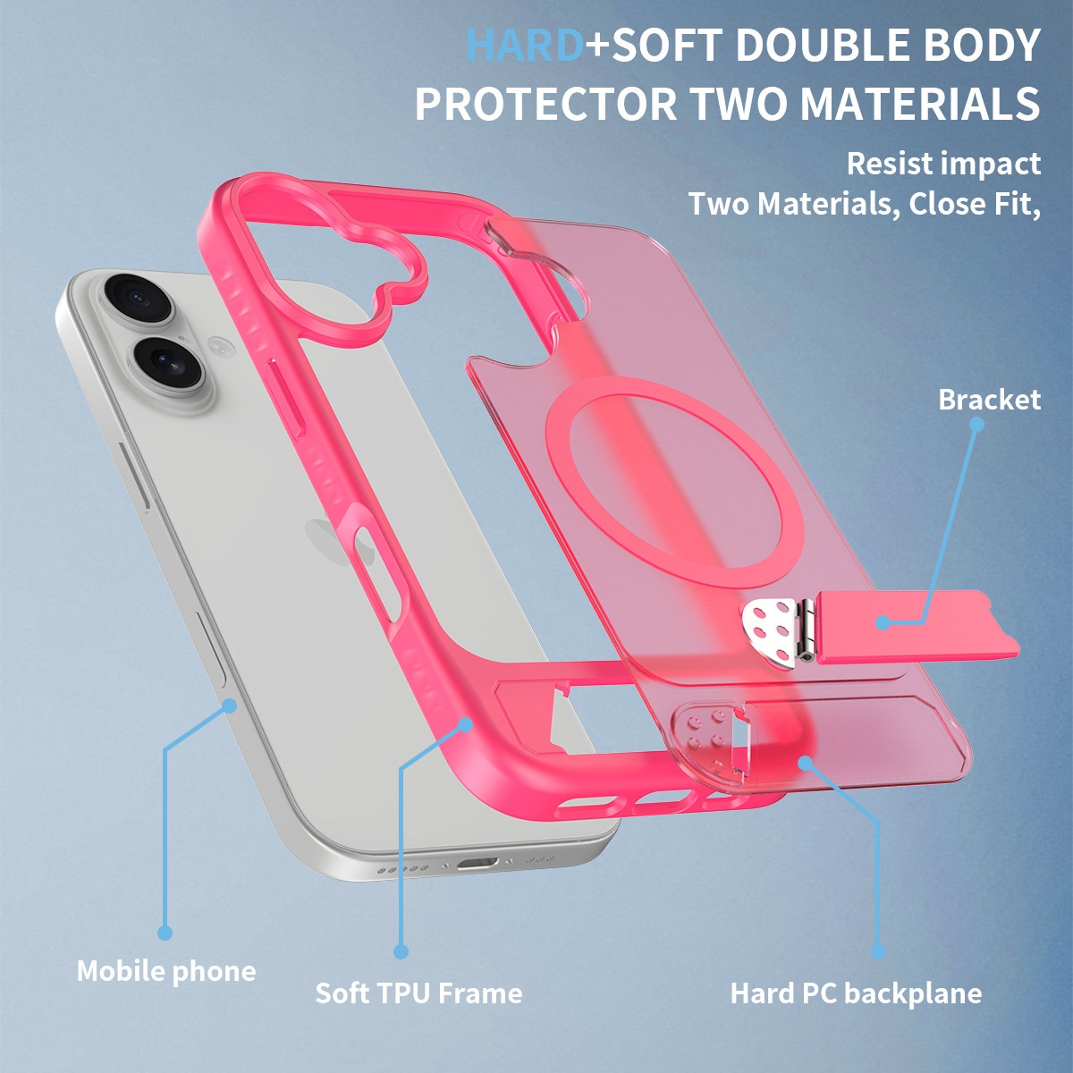 Husa de protectie pentru iPhone 17, Omelivon, MagSafe, cu Suport ajustabil, Margini ridicate pentru protectia ecranului, Anti-Soc, Decupaje Precise, Incarcare Wireless, Spate Semitransparent, Roz aprins