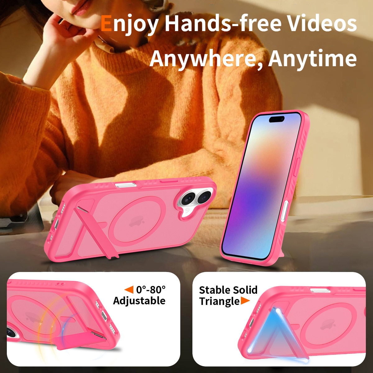 Husa de protectie pentru iPhone 17, Omelivon, MagSafe, cu Suport ajustabil, Margini ridicate pentru protectia ecranului, Anti-Soc, Decupaje Precise, Incarcare Wireless, Spate Semitransparent, Roz aprins