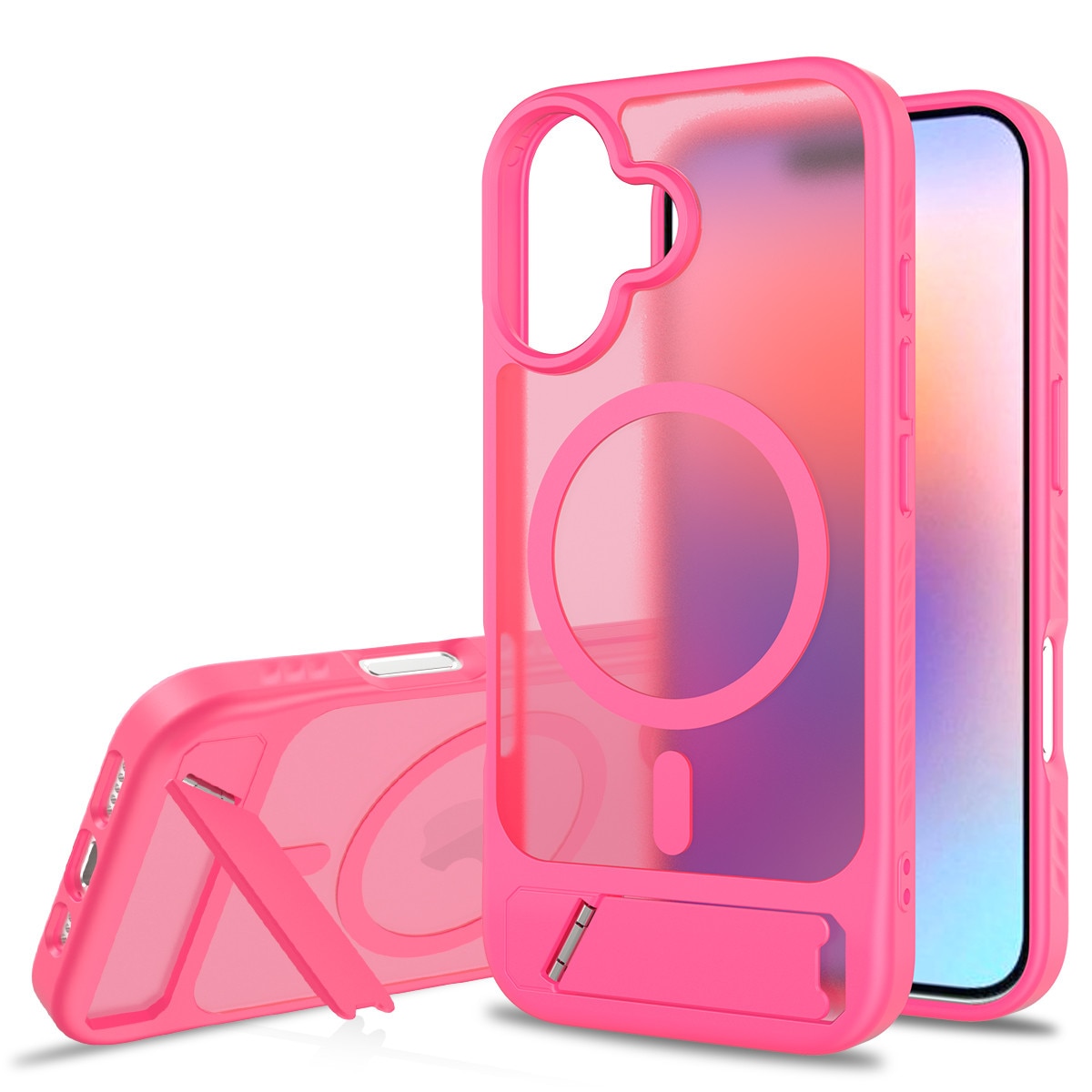 Husa de protectie pentru iPhone 17, Omelivon, MagSafe, cu Suport ajustabil, Margini ridicate pentru protectia ecranului, Anti-Soc, Decupaje Precise, Incarcare Wireless, Spate Semitransparent, Roz aprins