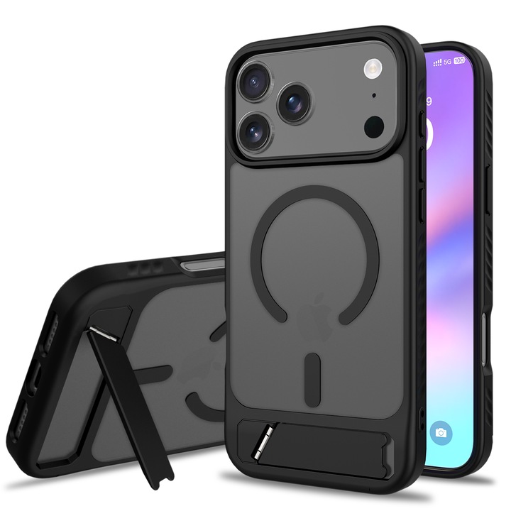Husa de protectie pentru iPhone 17 Pro Max, Omelivon, MagSafe, cu Suport ajustabil, Margini ridicate pentru protectia ecranului, Anti-Soc, Decupaje Precise, Incarcare Wireless, Spate Semitransparent, Negru