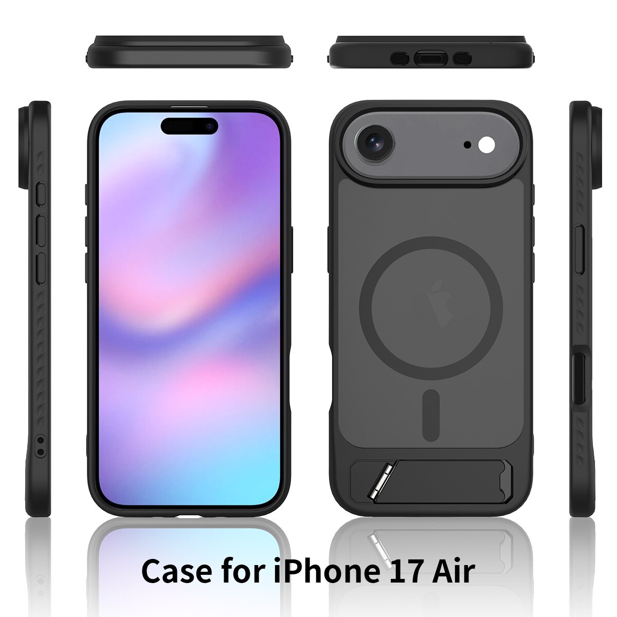 Husa de protectie pentru iPhone 17 Air, Omelivon, MagSafe, cu Suport ajustabil, Margini ridicate pentru protectia ecranului, Anti-Soc, Decupaje Precise, Incarcare Wireless, Spate Semitransparent, Negru