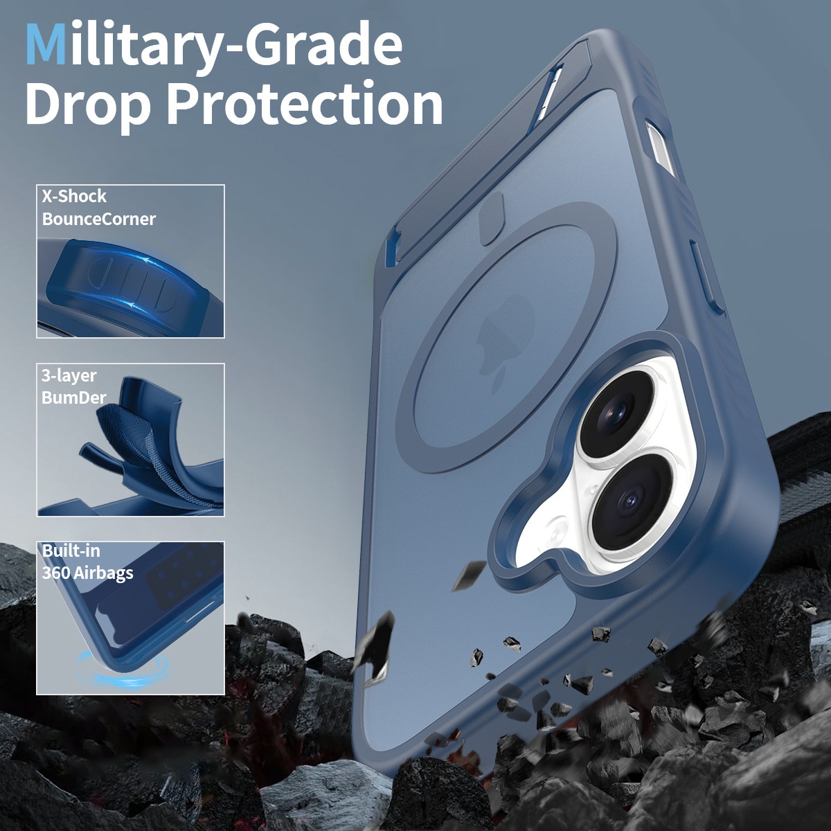 Husa de protectie pentru iPhone 17, Omelivon, MagSafe, cu Suport ajustabil, Margini ridicate pentru protectia ecranului, Anti-Soc, Decupaje Precise, Incarcare Wireless, Spate Semitransparent, Albastru