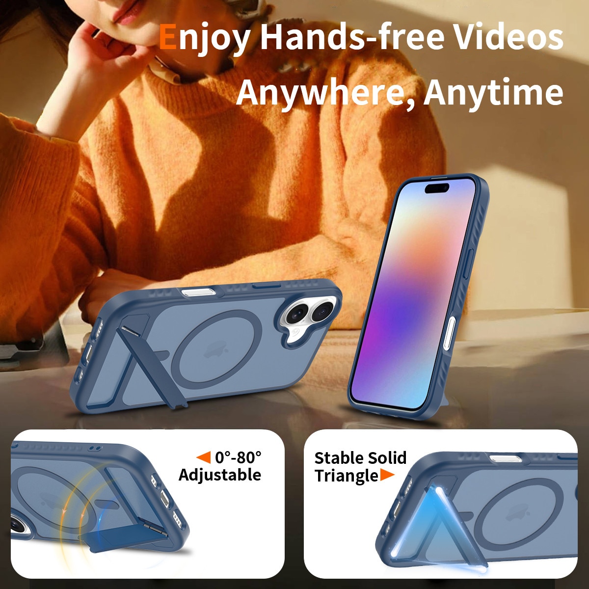 Husa de protectie pentru iPhone 17, Omelivon, MagSafe, cu Suport ajustabil, Margini ridicate pentru protectia ecranului, Anti-Soc, Decupaje Precise, Incarcare Wireless, Spate Semitransparent, Albastru