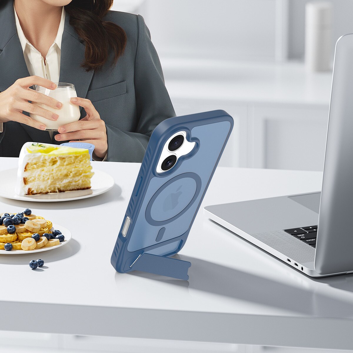 Husa de protectie pentru iPhone 17, Omelivon, MagSafe, cu Suport ajustabil, Margini ridicate pentru protectia ecranului, Anti-Soc, Decupaje Precise, Incarcare Wireless, Spate Semitransparent, Albastru