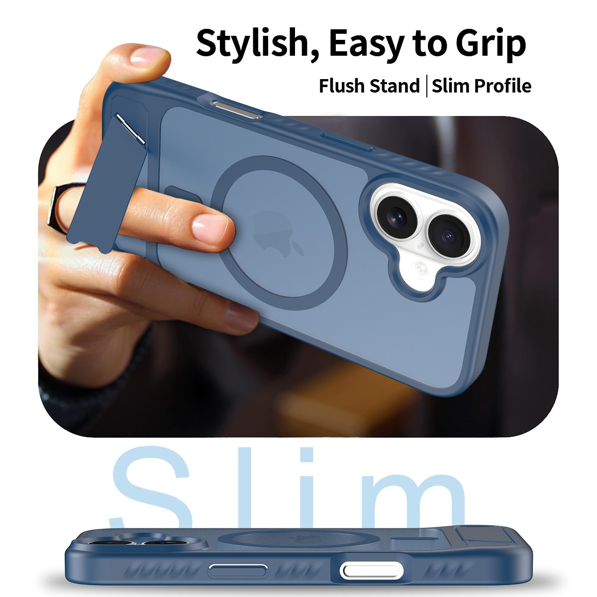 Husa de protectie pentru iPhone 17, Omelivon, MagSafe, cu Suport ajustabil, Margini ridicate pentru protectia ecranului, Anti-Soc, Decupaje Precise, Incarcare Wireless, Spate Semitransparent, Albastru