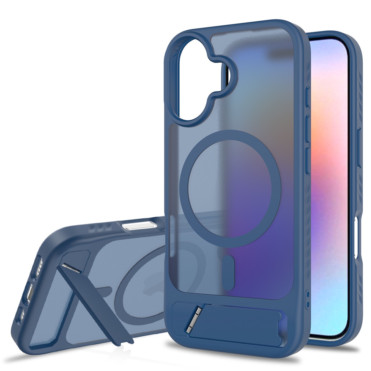 Husa de protectie pentru iPhone 17, Omelivon, MagSafe, cu Suport ajustabil, Margini ridicate pentru protectia ecranului, Anti-Soc, Decupaje Precise, Incarcare Wireless, Spate Semitransparent, Albastru