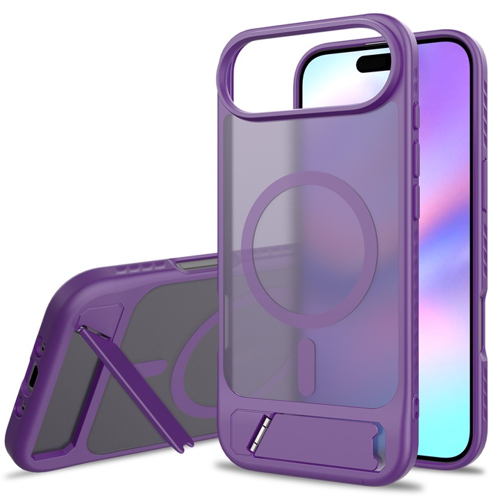 Husa de protectie pentru iPhone 17 Air, Omelivon, MagSafe, cu Suport ajustabil, Margini ridicate pentru protectia ecranului, Anti-Soc, Decupaje Precise, Incarcare Wireless, Spate Semitransparent, Violet inchis