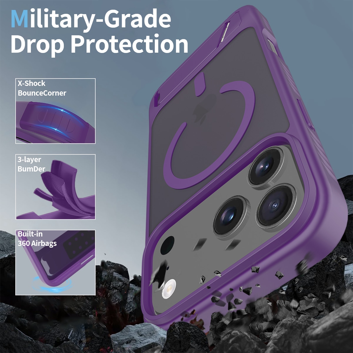 Husa de protectie pentru iPhone 17 Pro Max, Omelivon, MagSafe, cu Suport ajustabil, Margini ridicate pentru protectia ecranului, Anti-Soc, Decupaje Precise, Incarcare Wireless, Spate Semitransparent, Violet inchis