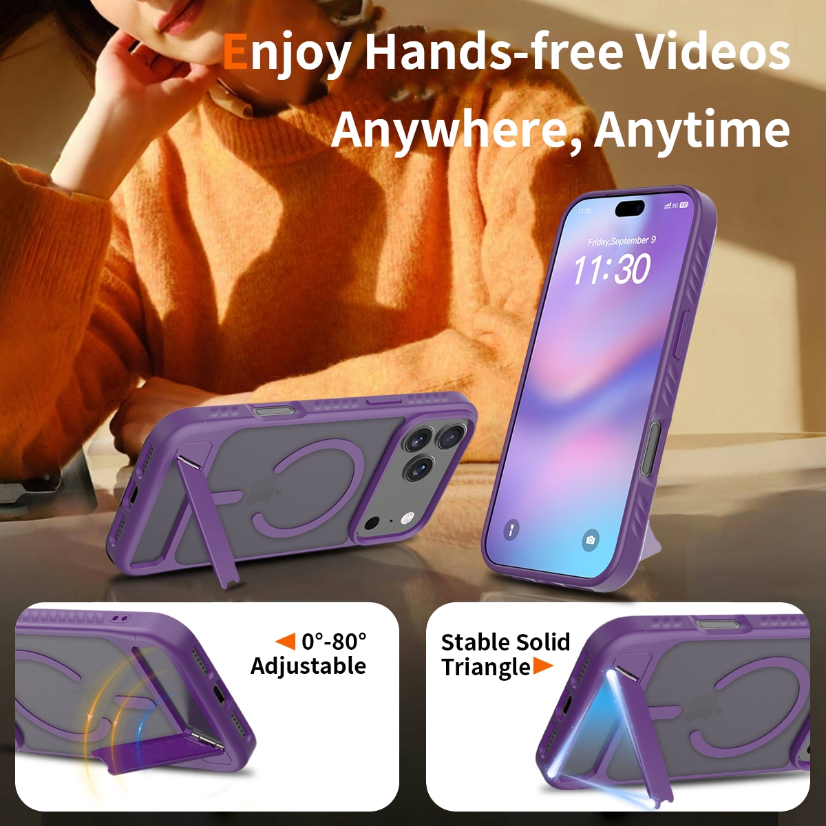 Husa de protectie pentru iPhone 17 Pro Max, Omelivon, MagSafe, cu Suport ajustabil, Margini ridicate pentru protectia ecranului, Anti-Soc, Decupaje Precise, Incarcare Wireless, Spate Semitransparent, Violet inchis