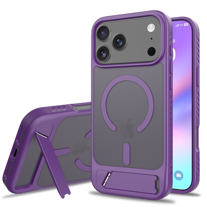Husa de protectie pentru iPhone 17 Pro Max, Omelivon, MagSafe, cu Suport ajustabil, Margini ridicate pentru protectia ecranului, Anti-Soc, Decupaje Precise, Incarcare Wireless, Spate Semitransparent, Violet inchis