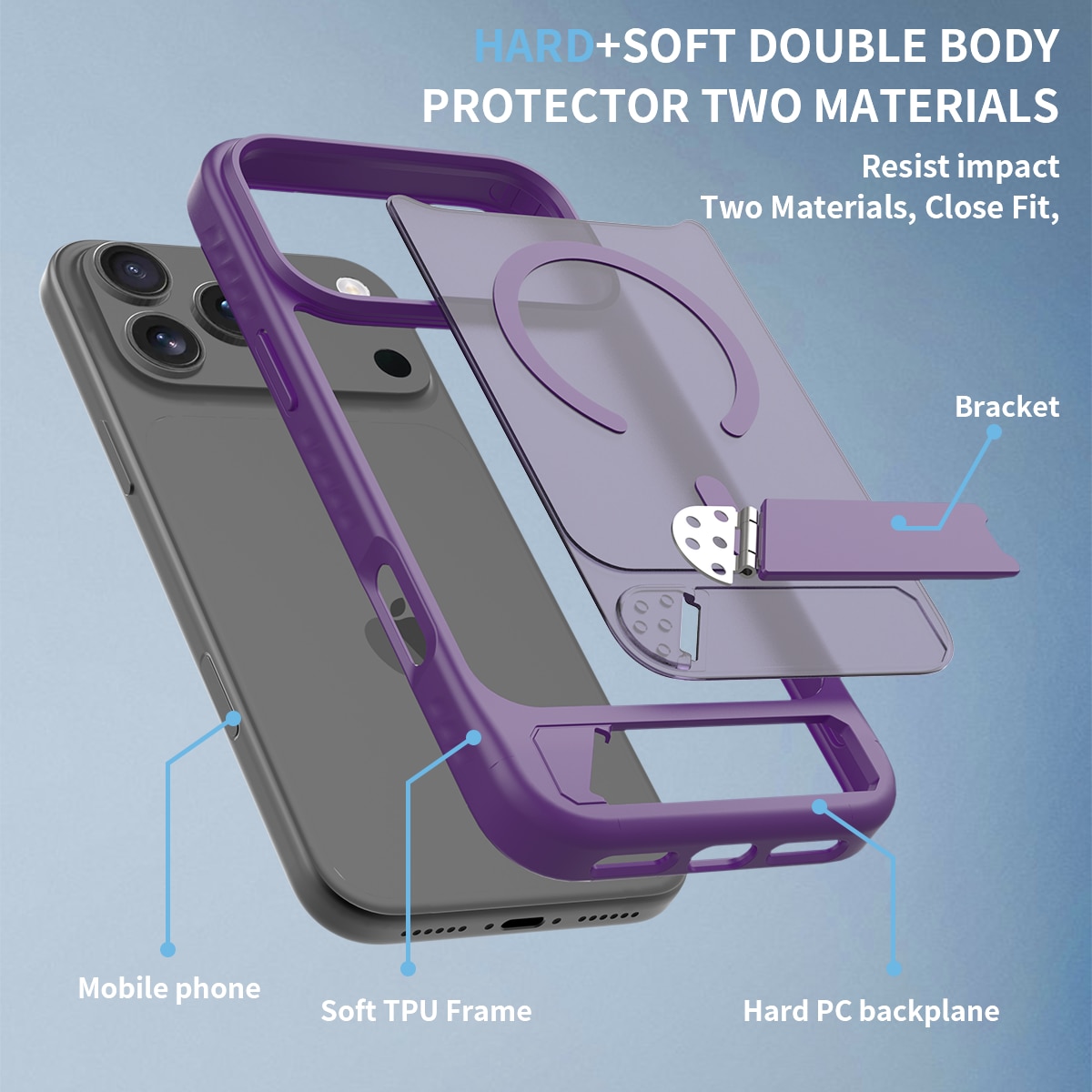 Husa de protectie pentru iPhone 17 Pro Max, Omelivon, MagSafe, cu Suport ajustabil, Margini ridicate pentru protectia ecranului, Anti-Soc, Decupaje Precise, Incarcare Wireless, Spate Semitransparent, Violet inchis