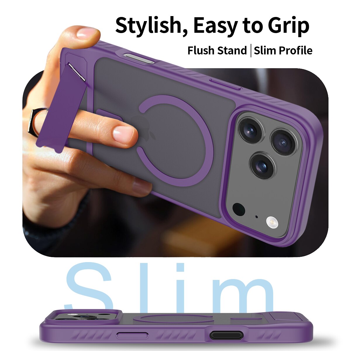 Husa de protectie pentru iPhone 17 Pro Max, Omelivon, MagSafe, cu Suport ajustabil, Margini ridicate pentru protectia ecranului, Anti-Soc, Decupaje Precise, Incarcare Wireless, Spate Semitransparent, Violet inchis