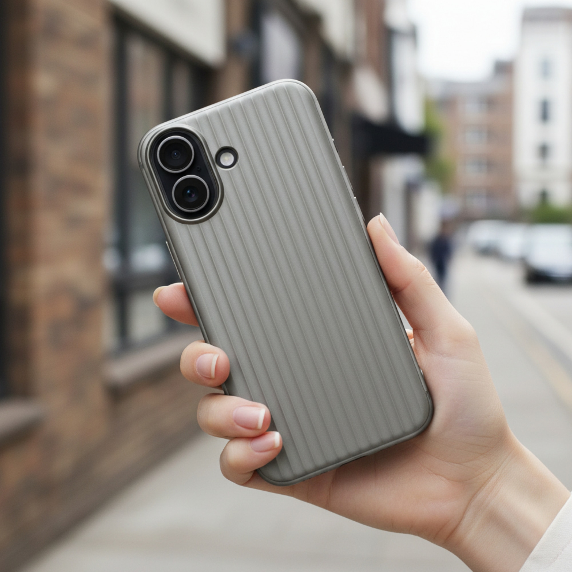 Husa Premium pentru iPhone 17, Policarbonat Dur (PC), Functie MagSafe, Mata High-Quality, Dungi 3D Metalice, Ultra Slim, Anti-Soc, Protectie Spate, Gri (Titanium Silver)