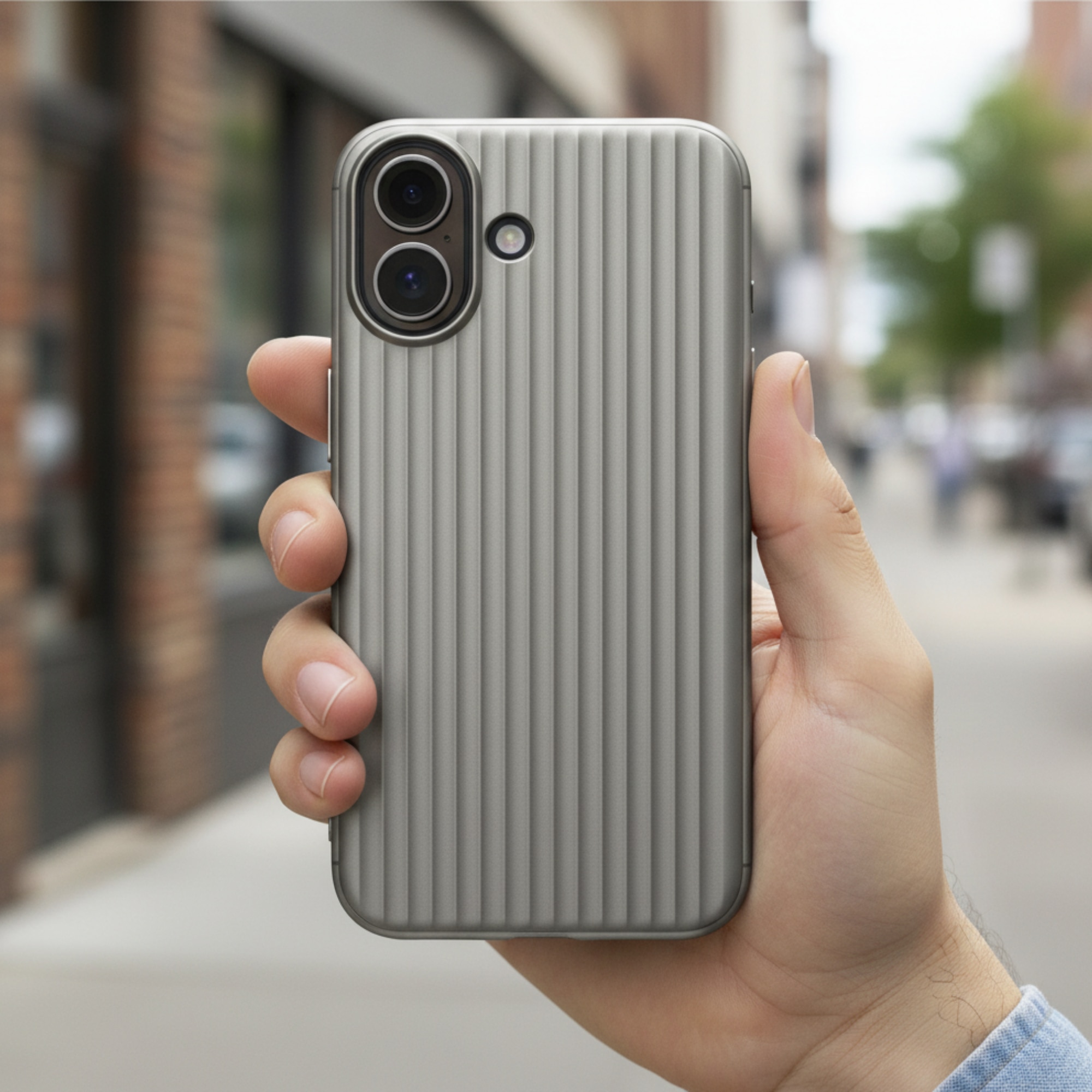 Husa Premium pentru iPhone 17, Policarbonat Dur (PC), Functie MagSafe, Mata High-Quality, Dungi 3D Metalice, Ultra Slim, Anti-Soc, Protectie Spate, Gri (Titanium Silver)