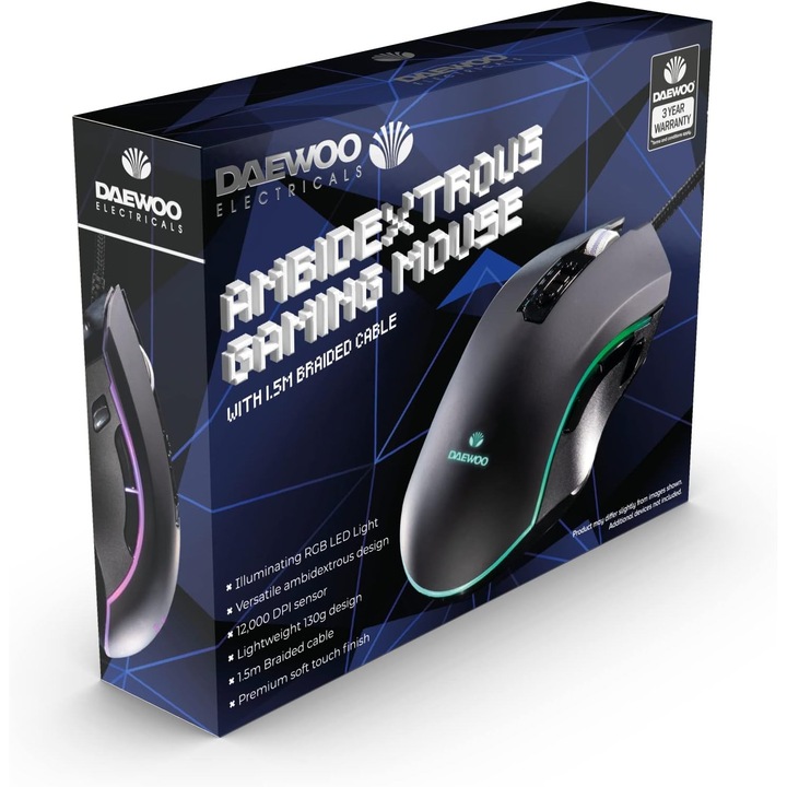 Mouse Gaming Daewoo, Premium Soft Touch, RGB Led, 12.000 DPI, Conectivitate USB pentru PC/Laptop, 1.5m