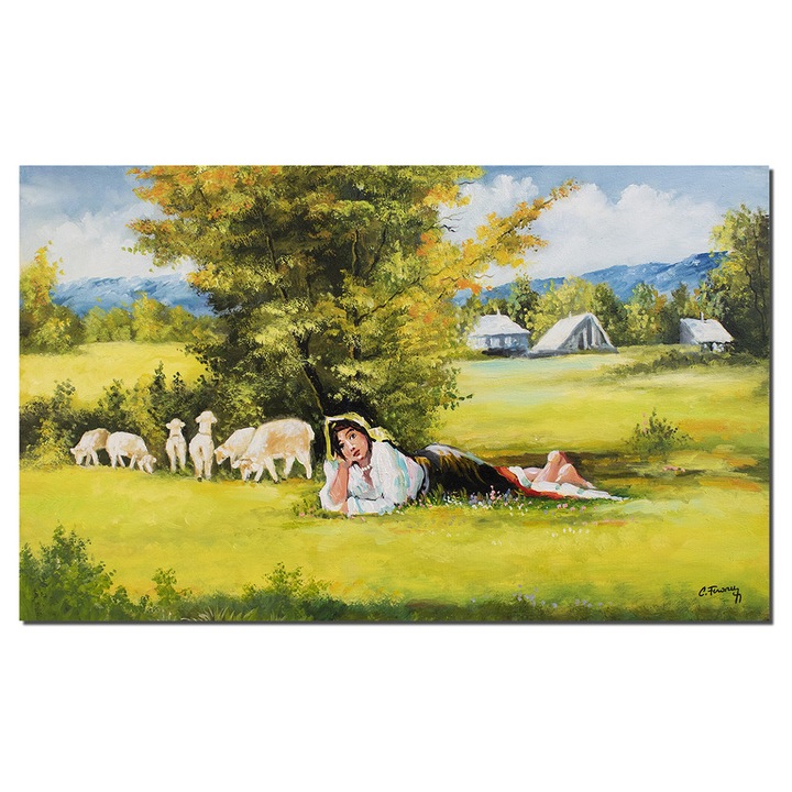 Tablou celebru Ciobanita pictat manual, 100x60cm ulei pe panza, reproducere Nicolae Grigorescu