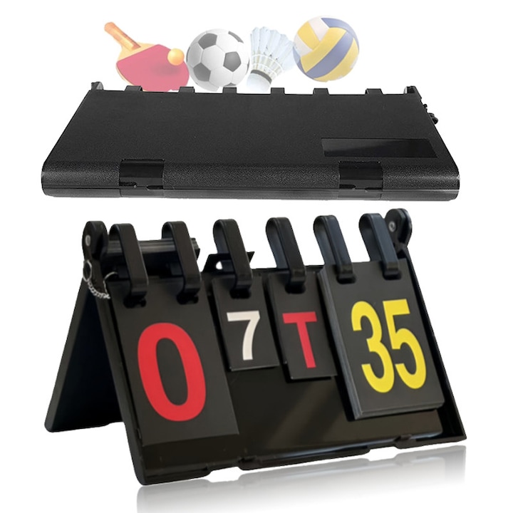 Tabela scor manuala, design cu stifturi de blocare, structura stabilizata, numere clare, design stabil, material ABS, ecologic si durabil, rezistenta la apa, scor 0-35, seturi 0-7, potrivita pentru orice tip de competitie, 28.5*21cm