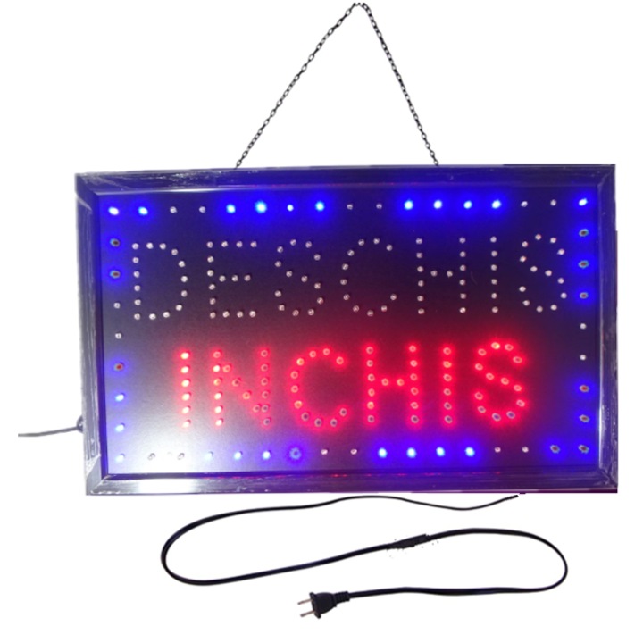 Светеща табела Ledstar LED, Sxmxriom®, ОТВОРЕНО-ЗАТВОРЕНО, за вътрешна употреба, 48 x 25 см, с бутон за смяна на съобщението, Червено - Синьо