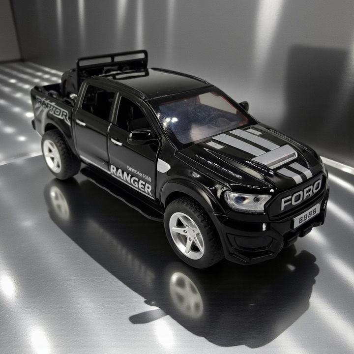 Fém makett, Ford Ranger Raptor F350, 1:24, Fekete, Fények, Hangok, Visszahúzható, Nyitható ajtók, Motorháztető, Hátsó ajtó, Pótkerék, 18cm, VisionXXI