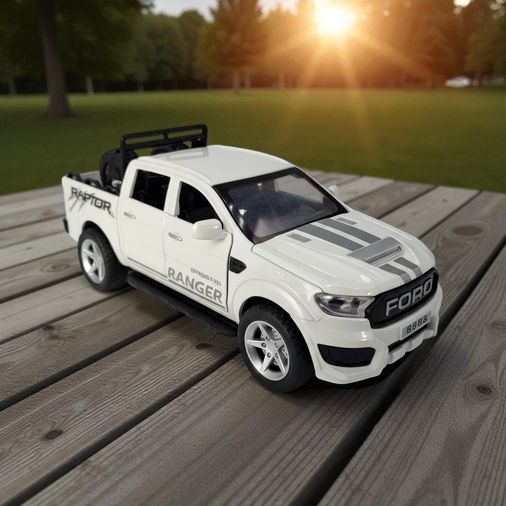 Macheta de Metal, Ford Ranger Raptor F350, 1:24, Alb, Lumini, Sunete, PullBack, Se Deschid Usi, Capota, Haion, Roti de Rezerva, 18cm, VisionXXI
