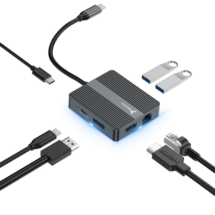 USB-C хъб 2X HDMI 4K 60Hz PD 100W USB 3.2 LAN RJ45 адаптер трансфер 7в1 Reagle