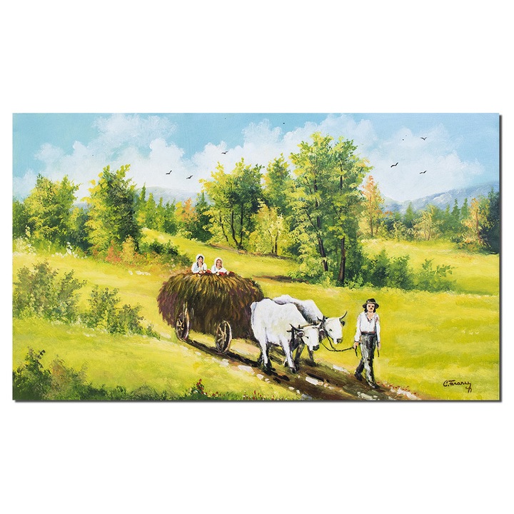 Tablou peisaj celebru Car cu boi, 100x60cm ulei pe panza, reproducere Nicolae Grigorescu