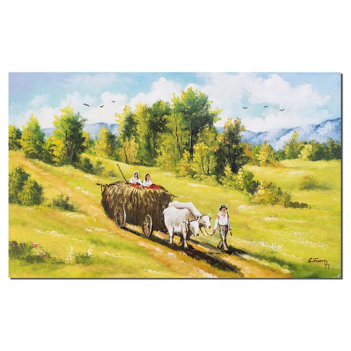 Tablou peisaj celebru pictat manual Car cu boi, 100x60cm ulei pe panza, reproducere Nicolae Grigorescu