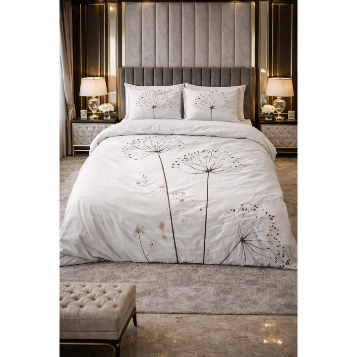 Lenjerie de pat Sleeptime, 1x husa pilota 200x200/200, 2x fete de perna 60x70, Microfibra 100%, Hipoalergenica, 90 GSM, model Essentials Light Spring White, imprimeu Print Digital, culoare Alb