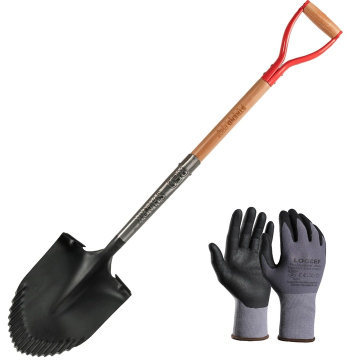 Set harlet cu cazma, STREND PRO, maner lemn 115cm, margini zimtate, cu manusi XXL