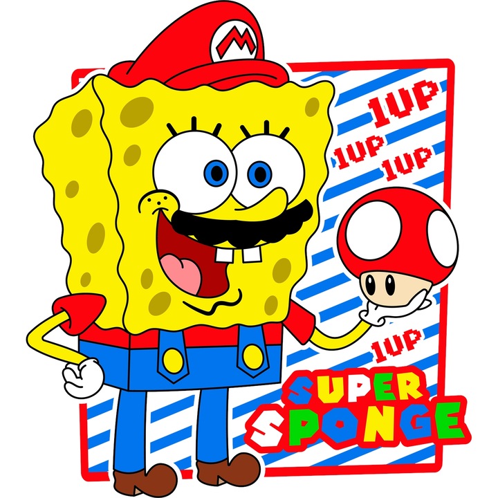 Sticker Adeziv Cu SpongeBob – Zambetul Aventurii Curajoase Pixelate – Prietenie, Emotie si Aventura, cu Margini Albe, PVC Vinyl 90CM
