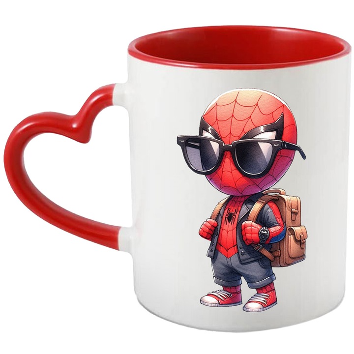 Cana Cu Spiderman Aventuri cu Panza, Prietenie si Curaj, Magie si Joaca, Ceramica, 330ML, Cu Maner Inima Rosie si Interior Rosu
