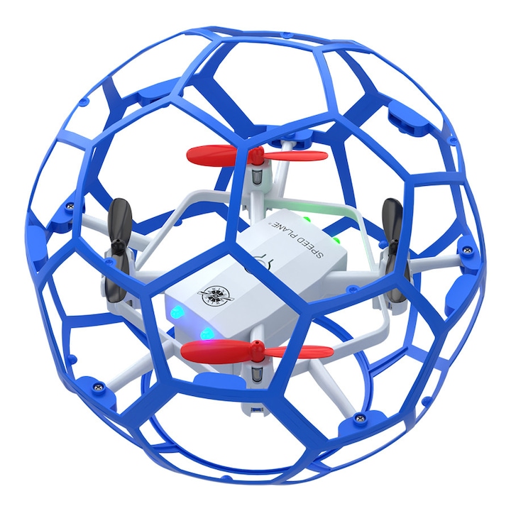 Jucarie cu Minge Zburatoare, cu LED-uri, cu Telecomanda, Tip drona, Rotire acrobatica la 360°, Senzor inteligent, Lumini stralucitoare colorate, Rezistent la impact si la cadere, pentru copii, Albastru
