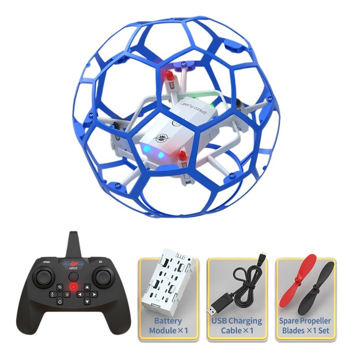 Jucarie cu Minge Zburatoare, cu LED-uri, cu Telecomanda, Tip drona, Rotire acrobatica la 360°, Senzor inteligent, Lumini stralucitoare colorate, Rezistent la impact si la cadere, pentru copii, Albastru
