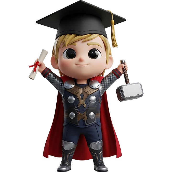 Sticker Adeziv Cu Thor – Salturi Vesel Printre Fulgere – Prietenie, Aventura si Magie, cu Margini Albe, PVC Vinyl 10CM