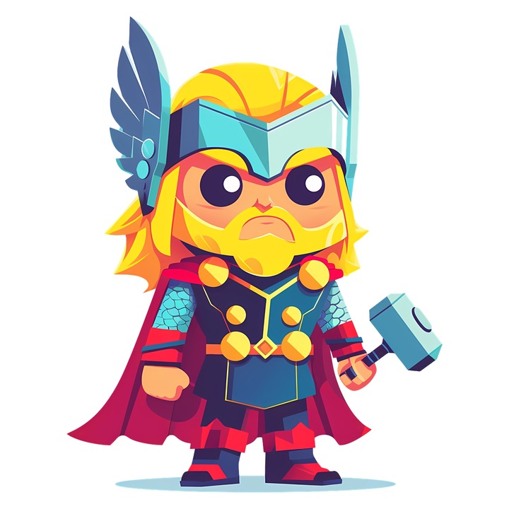 Sticker Adeziv Cu Thor – Zambet Curajos Printre Fulgere Pixelate – Aventura, Copii si Emotie, cu Margini Albe, PVC Vinyl 10CM