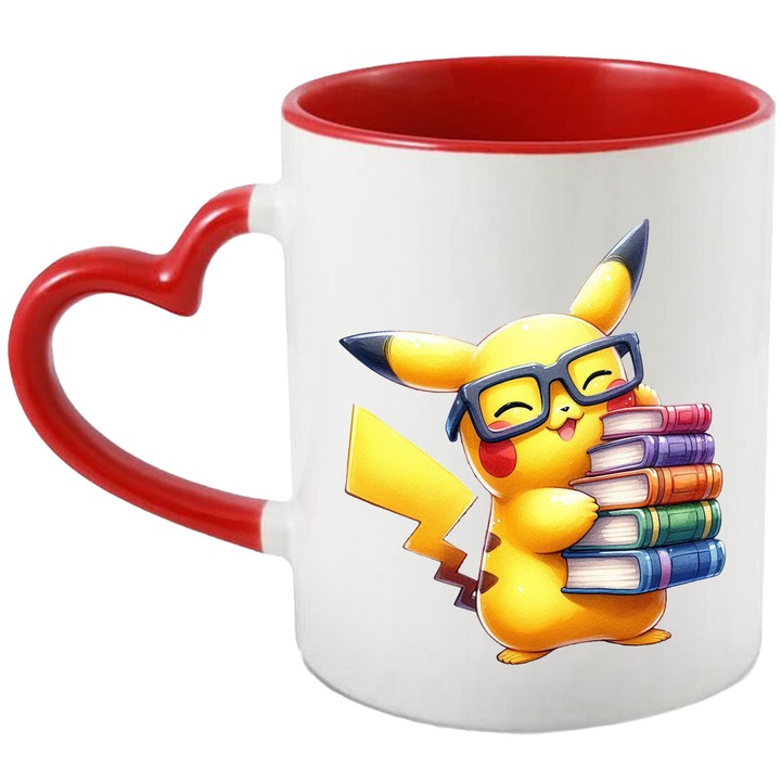 Cana Cu Pokemon Pikachu – Inima Aventurii Plina De Energie – Aventura, Copii si Zambete, Ceramica, 330ML, Cu Maner Inima Rosie si Interior Rosu