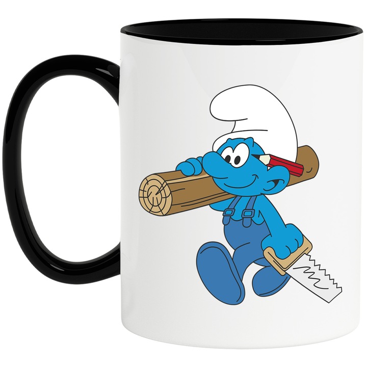 Cana Cu Strumf Joaca si Distractie Cu Creaturi Magice si Prieteni, Ceramica, 330ML, Cu Maner si Interior Negru
